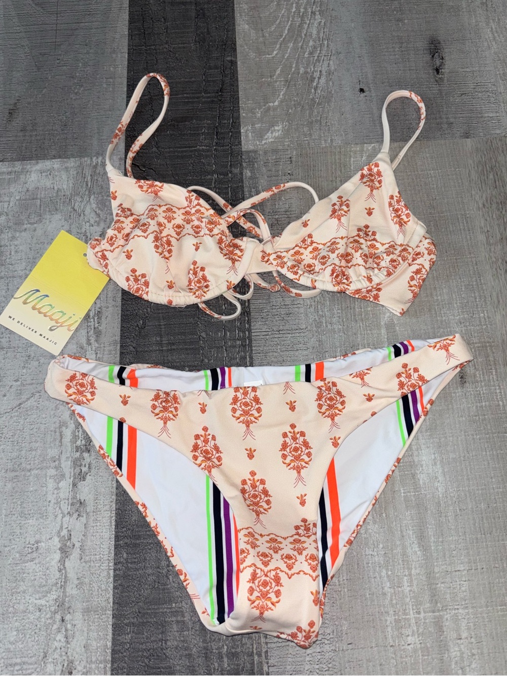 🍑Maaji Peach Floral Bikini with Multicolor Stripe Accents